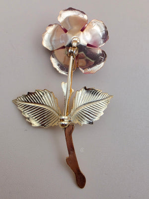 Gold Tone/Red Matte Finish Rose/Textured Leaf Vintage Brooch