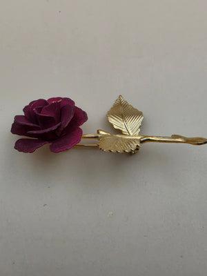 Gold Tone/Red Matte Finish Rose/Textured Leaf Vintage Brooch