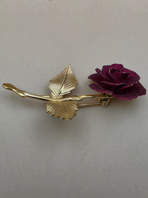 Gold Tone/Red Matte Finish Rose/Textured Leaf Vintage Brooch