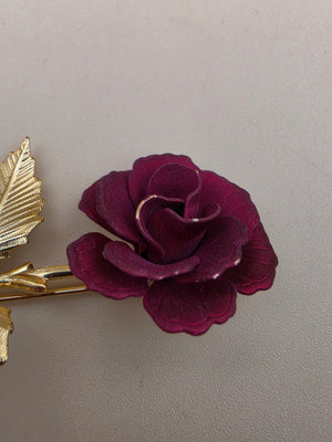 Gold Tone/Red Matte Finish Rose/Textured Leaf Vintage Brooch
