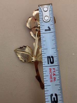 Gold Tone/Red Matte Finish Rose/Textured Leaf Vintage Brooch