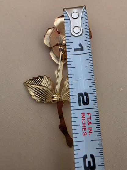 Gold Tone/Red Matte Finish Rose/Textured Leaf Vintage Brooch