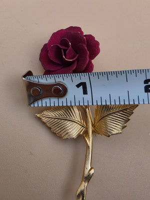 Gold Tone/Red Matte Finish Rose/Textured Leaf Vintage Brooch