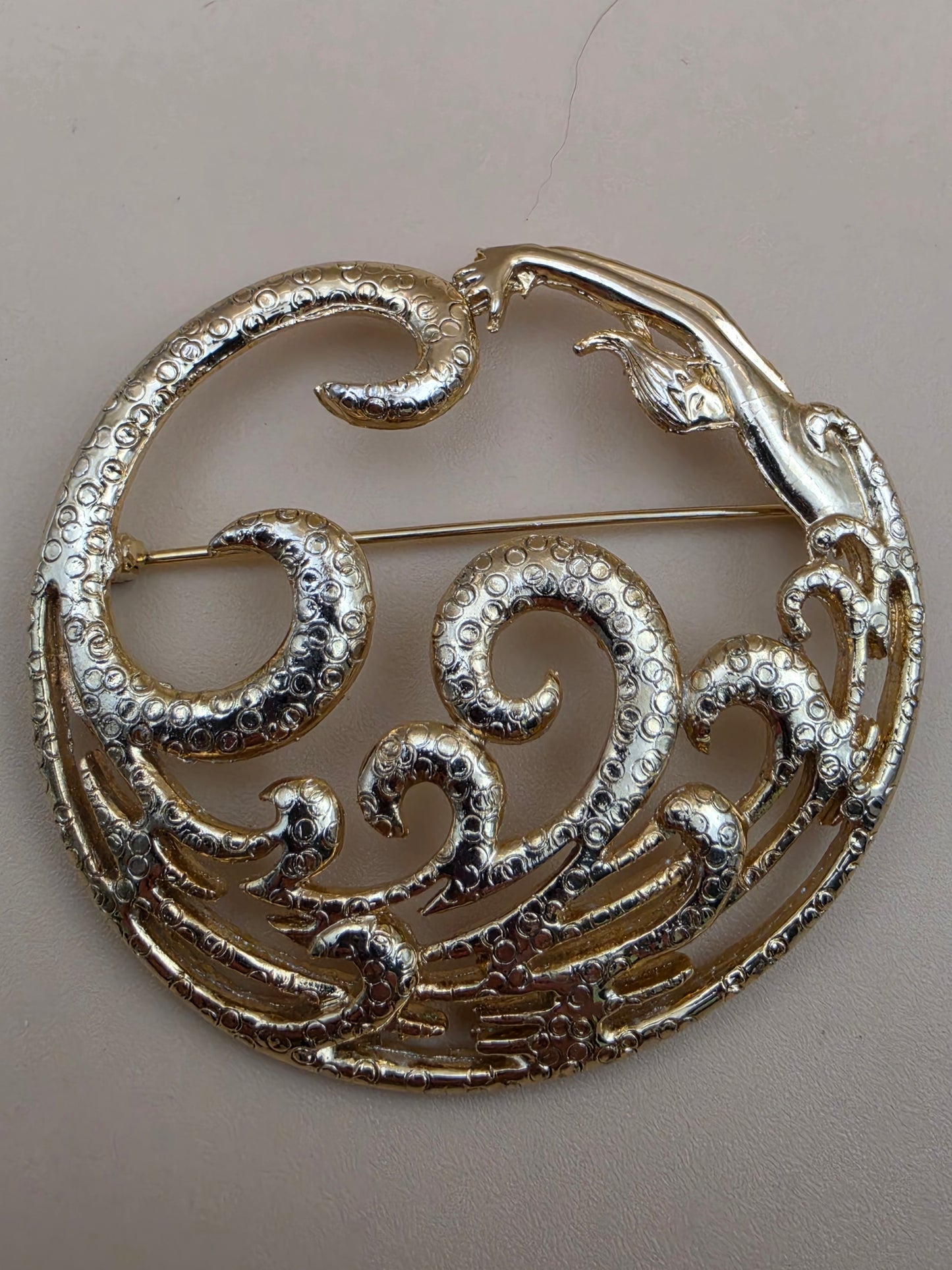 M.JENT Gold Tone Stylized Mermaid In Swirling Waves Brooch