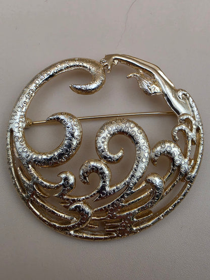M.JENT Gold Tone Stylized Mermaid In Swirling Waves Brooch