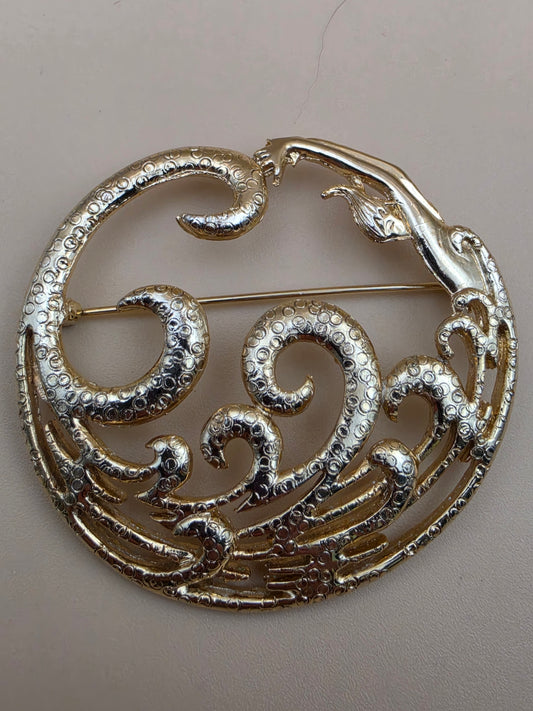 M.JENT Gold Tone Stylized Mermaid In Swirling Waves Brooch
