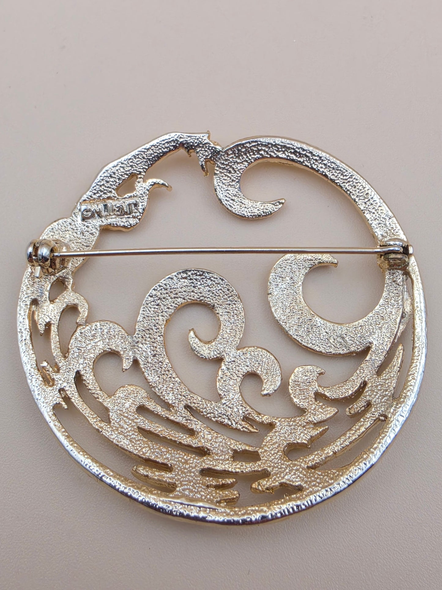 M.JENT Gold Tone Stylized Mermaid In Swirling Waves Brooch