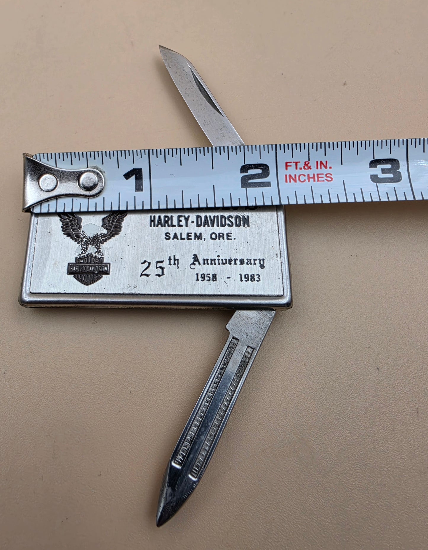 1983 Harley Davidson Money Clip/Pocket Knife Salem, Oregon 25th Anniversary Advertising Piece