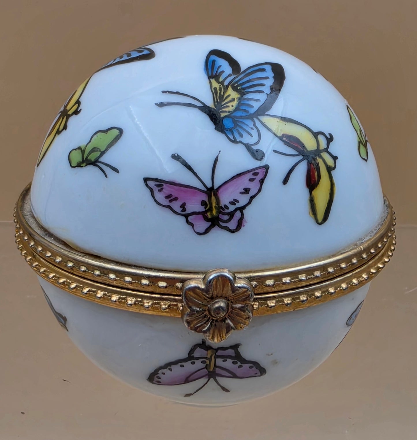 Limoge Style Round Porcelain/ Hand Painted Butterfly Trinket Box