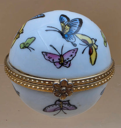 Limoge Style Round Porcelain/ Hand Painted Butterfly Trinket Box