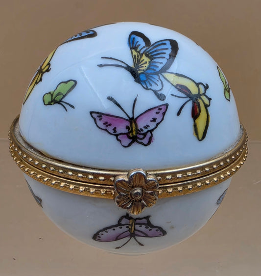 Limoge Style Round Porcelain/ Hand Painted Butterfly Trinket Box