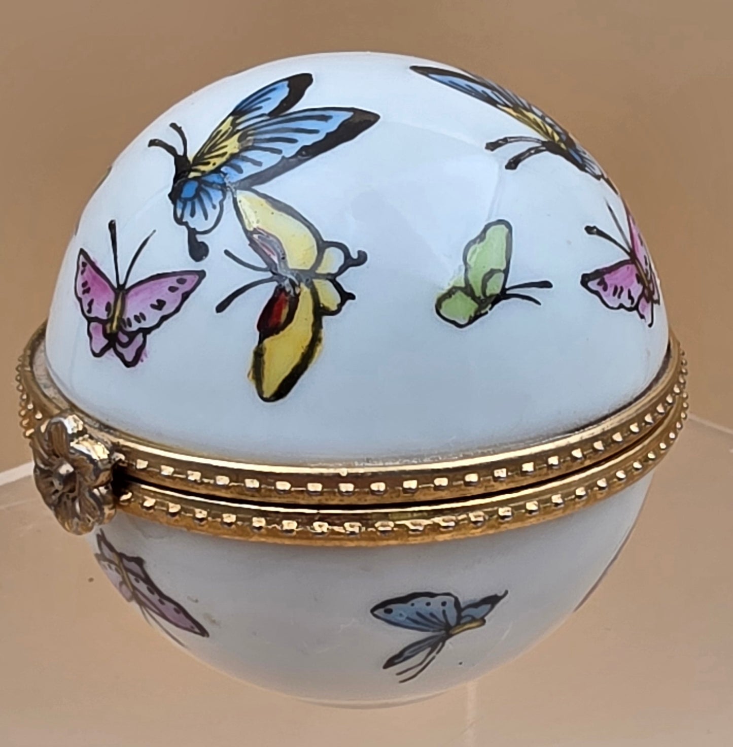 Limoge Style Round Porcelain/ Hand Painted Butterfly Trinket Box