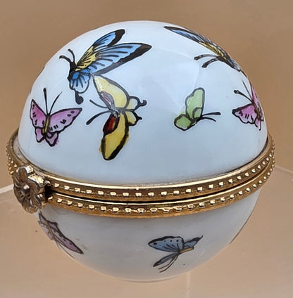 Limoge Style Round Porcelain/ Hand Painted Butterfly Trinket Box