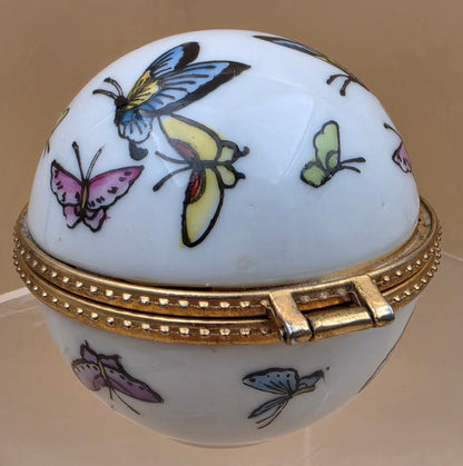 Limoge Style Round Porcelain/ Hand Painted Butterfly Trinket Box