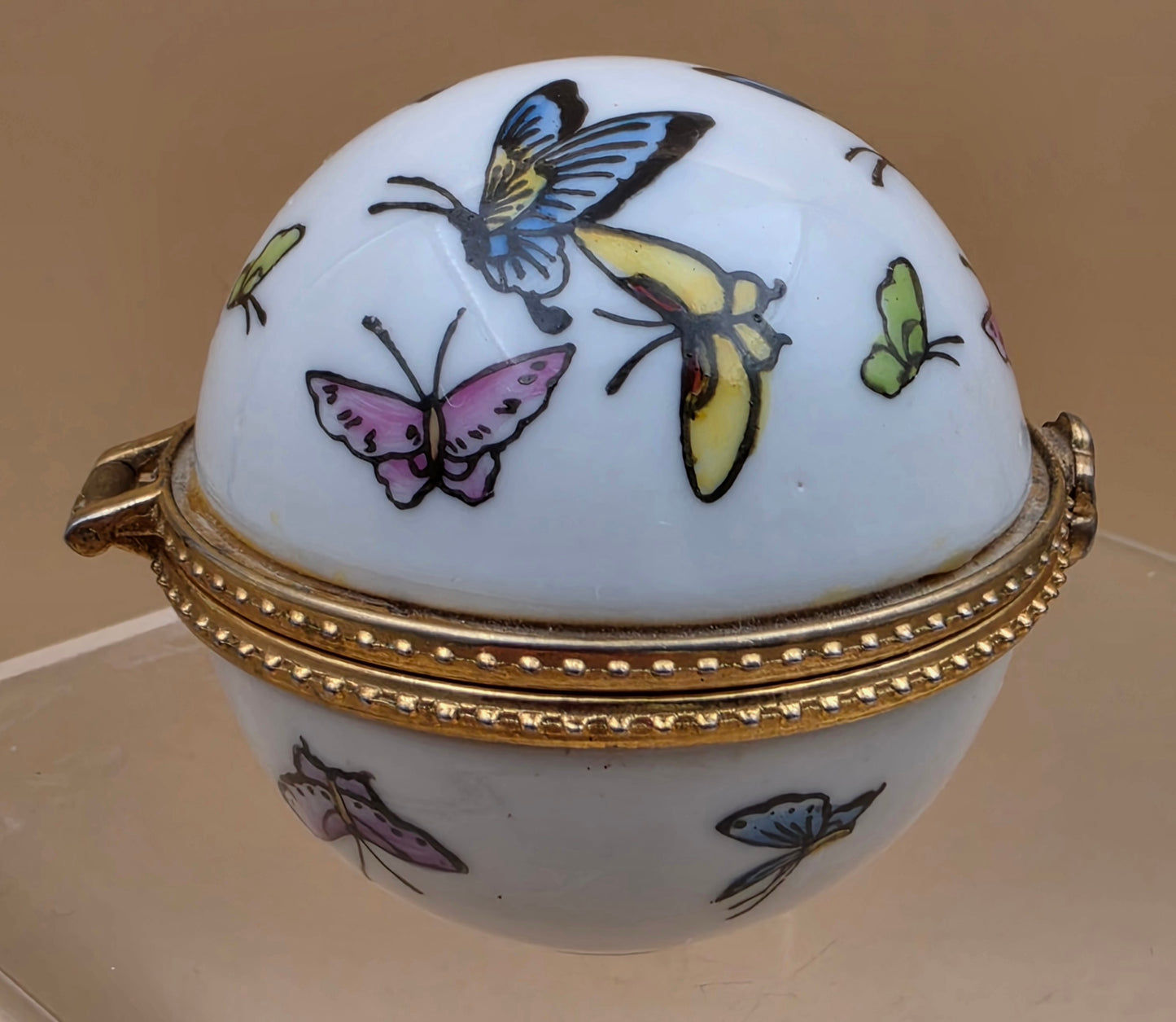 Limoge Style Round Porcelain/ Hand Painted Butterfly Trinket Box