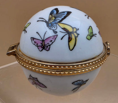 Limoge Style Round Porcelain/ Hand Painted Butterfly Trinket Box