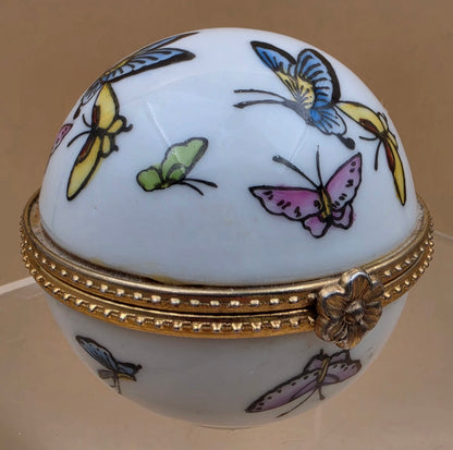 Limoge Style Round Porcelain/ Hand Painted Butterfly Trinket Box