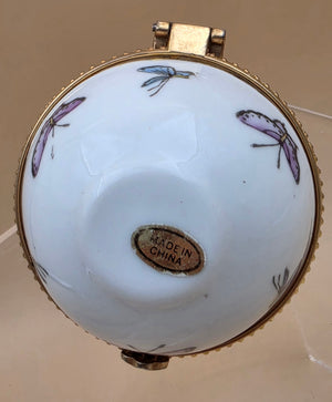 Limoge Style Round Porcelain/ Hand Painted Butterfly Trinket Box