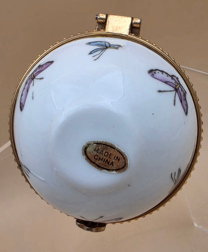 Limoge Style Round Porcelain/ Hand Painted Butterfly Trinket Box