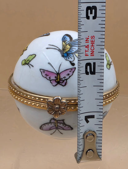 Limoge Style Round Porcelain/ Hand Painted Butterfly Trinket Box