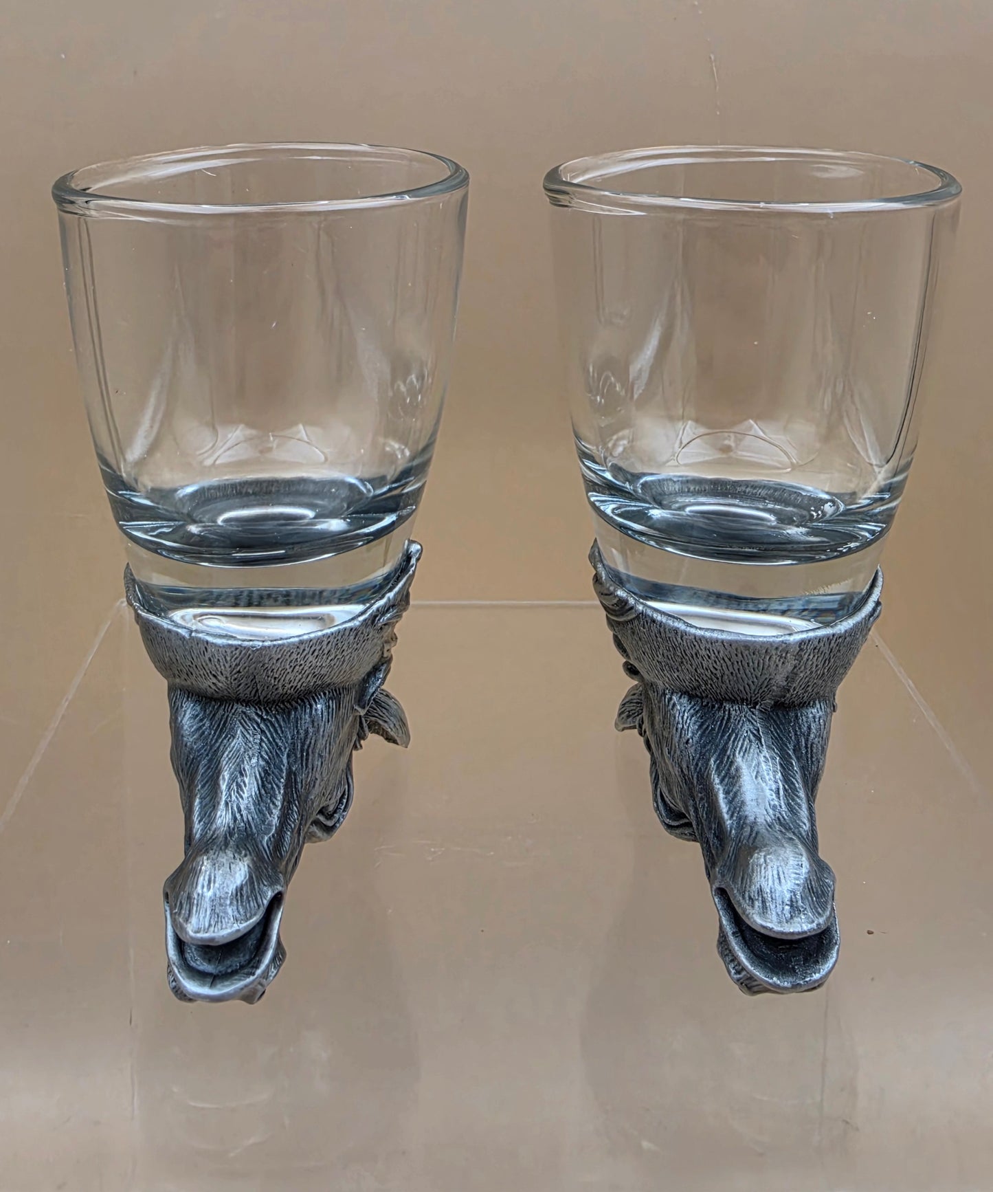 Handmade Carved Pewter Horse Head Shot Glasses Set of 2
