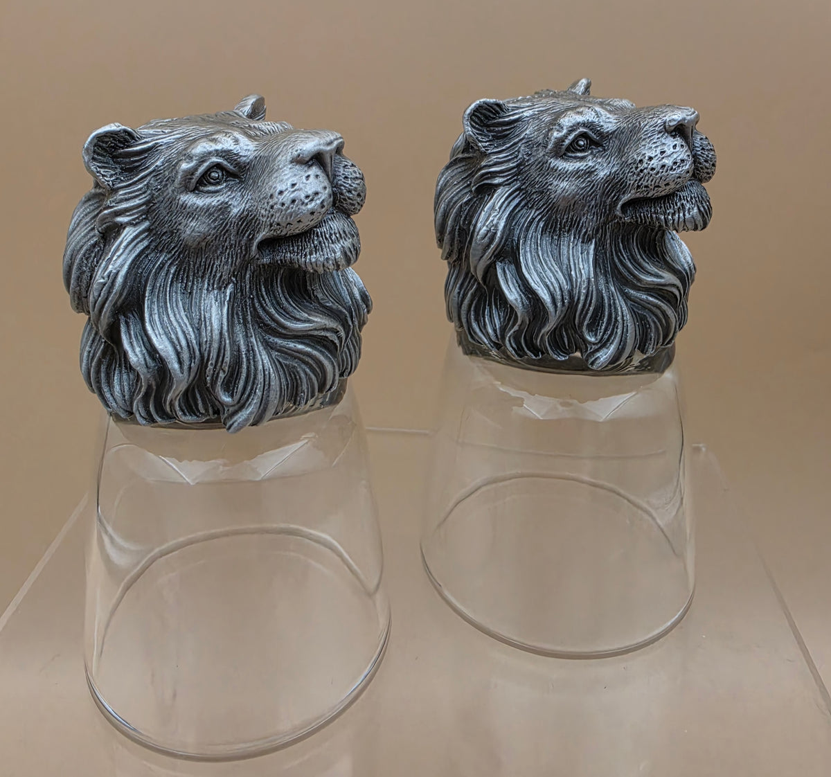 Detailed Handmade Pewter Lion Head Shot Glasses Set of 2