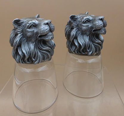Detailed Handmade Pewter Lion Head Shot Glasses Set of 2