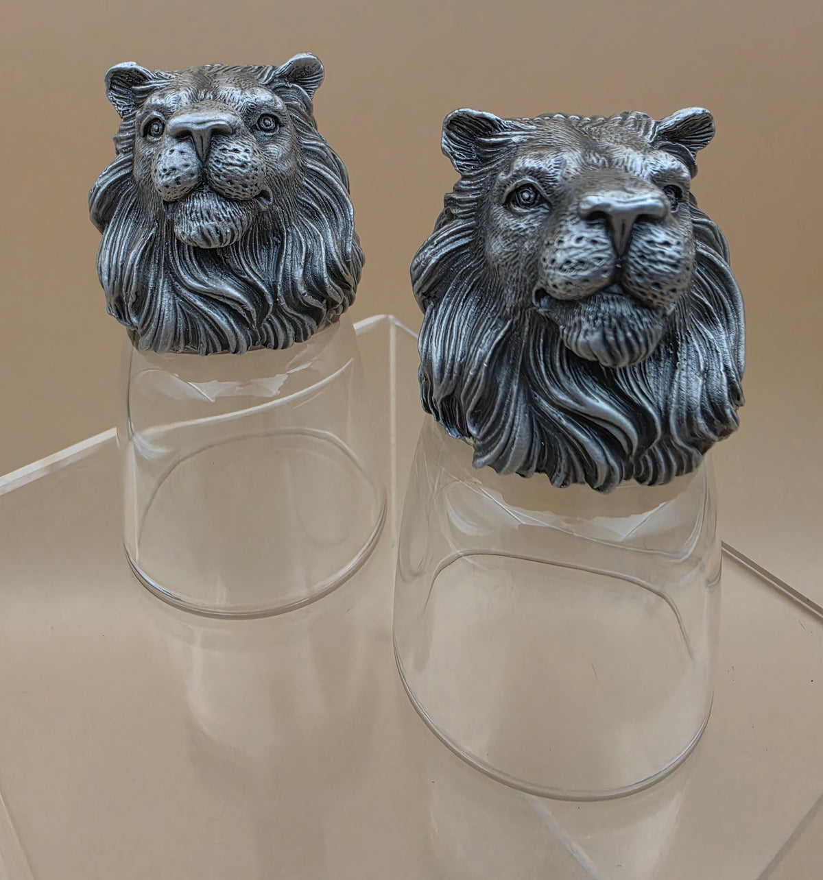 Detailed Handmade Pewter Lion Head Shot Glasses Set of 2