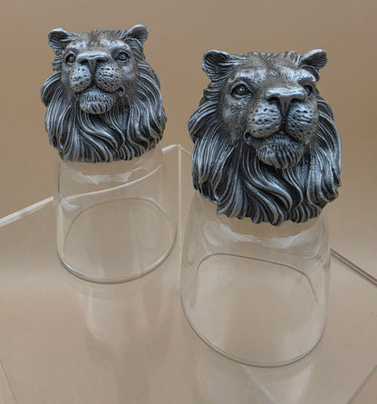 Detailed Handmade Pewter Lion Head Shot Glasses Set of 2