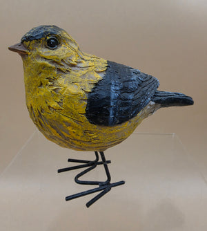 Wooden Hand Carved and Painted Yellow Chickadee Bird with Metal Legs