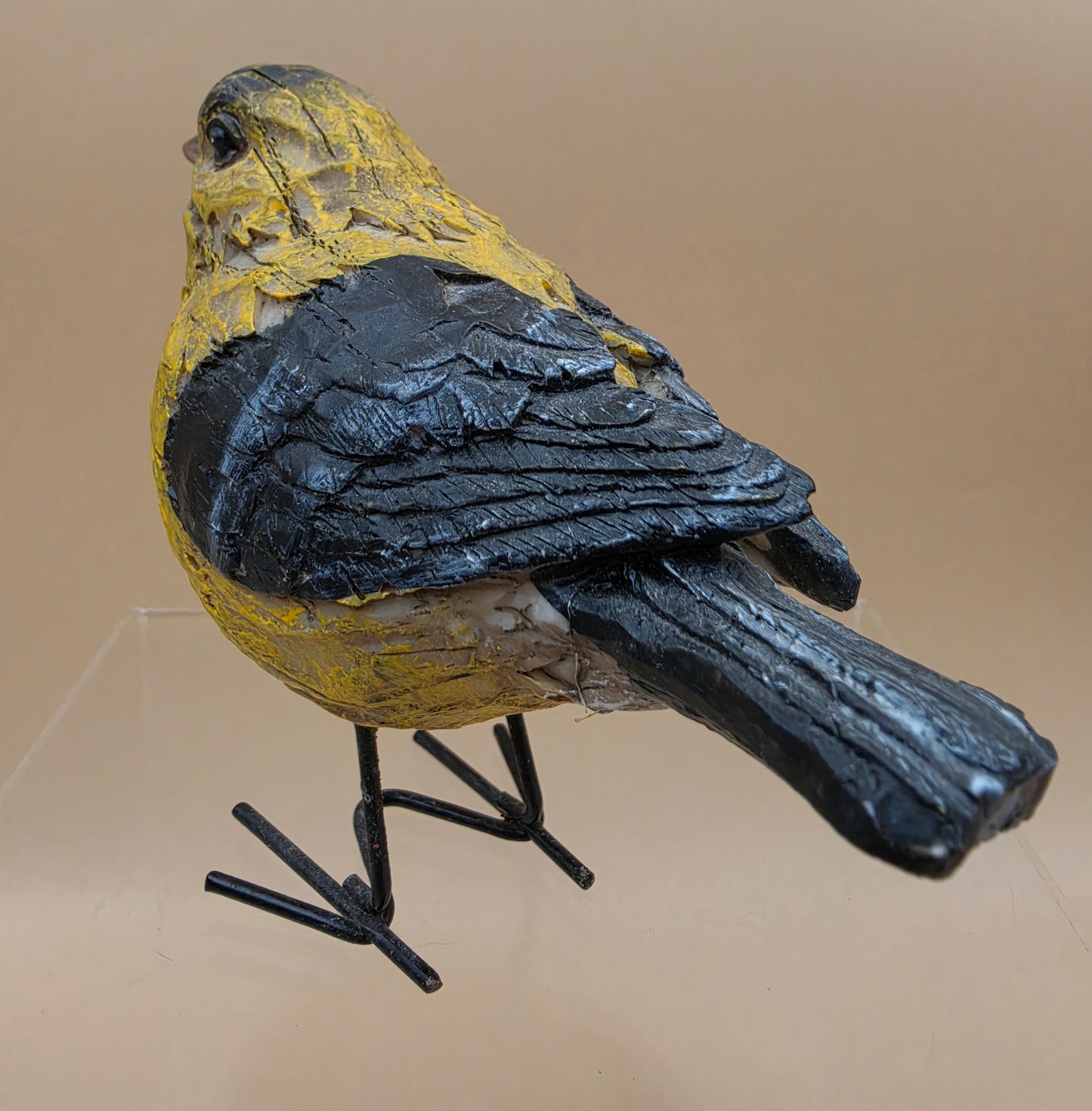 Wooden Hand Carved and Painted Yellow Chickadee Bird with Metal Legs