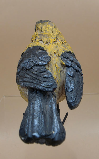Wooden Hand Carved and Painted Yellow Chickadee Bird with Metal Legs