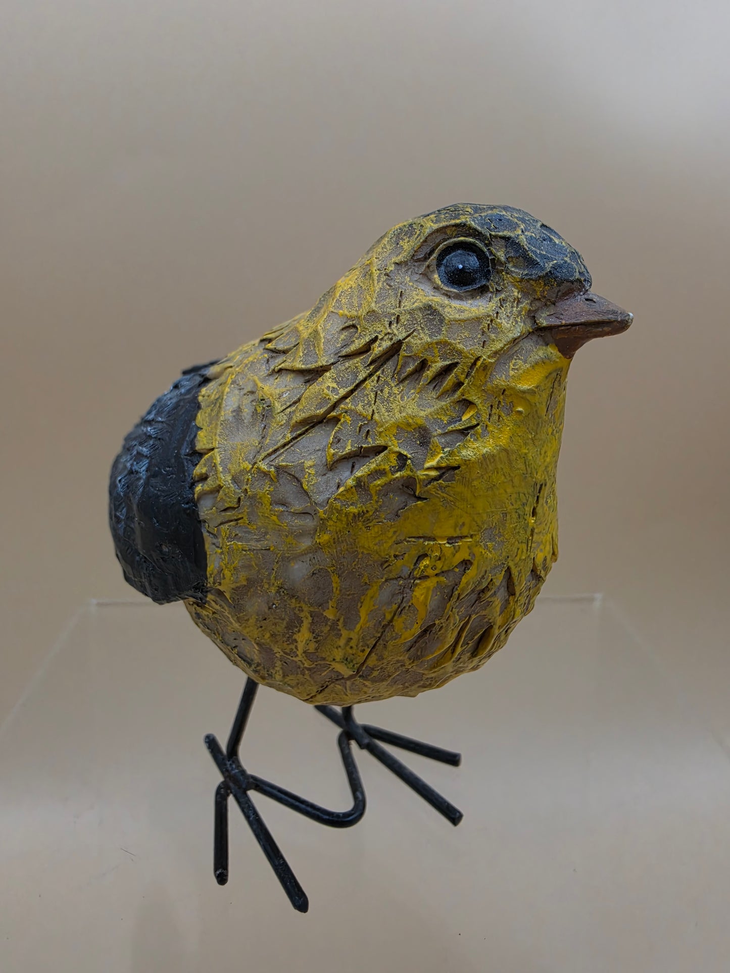 Wooden Hand Carved and Painted Yellow Chickadee Bird with Metal Legs