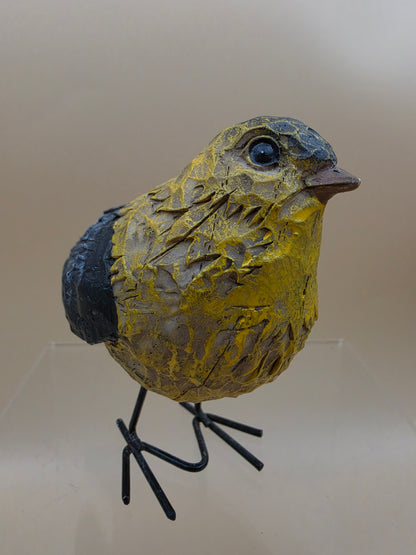 Wooden Hand Carved and Painted Yellow Chickadee Bird with Metal Legs