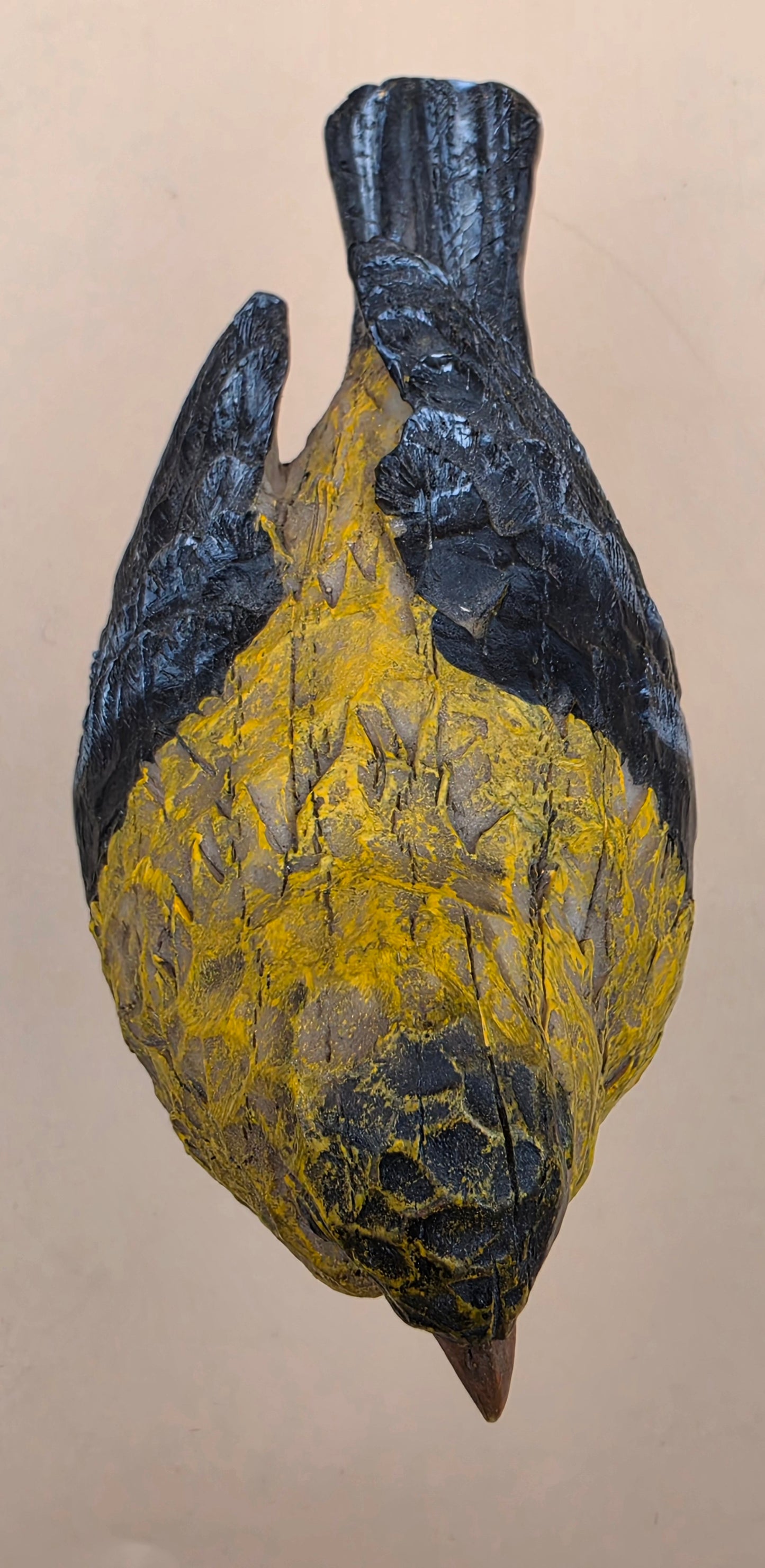 Wooden Hand Carved and Painted Yellow Chickadee Bird with Metal Legs