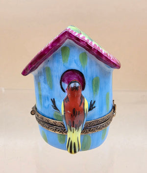 LIMOGES FRANCE Peint A La Main Signed A.C. Porcelain Bird on a Bird House Trinket Box