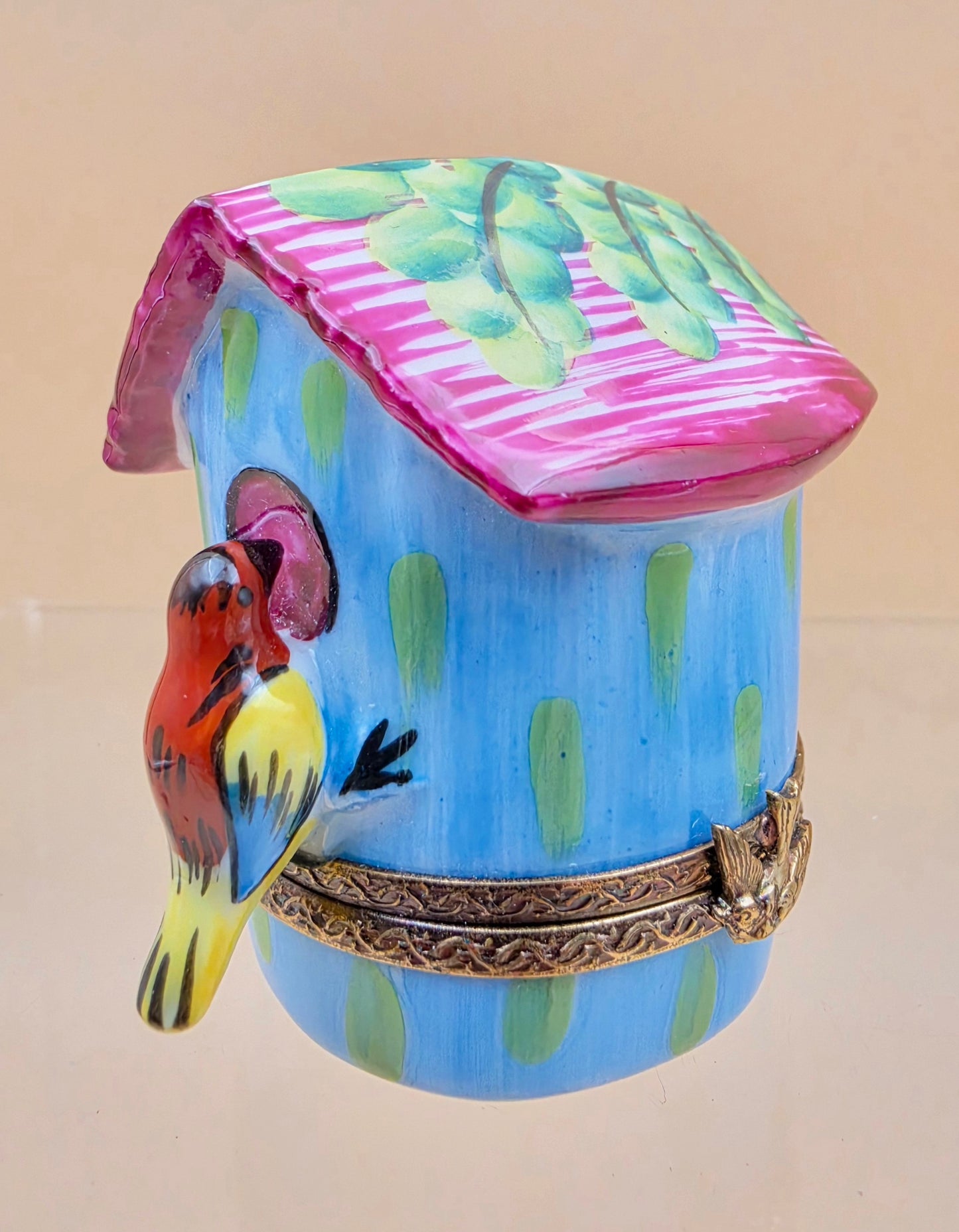 LIMOGES FRANCE Peint A La Main Signed A.C. Porcelain Bird on a Bird House Trinket Box