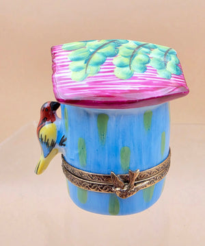 LIMOGES FRANCE Peint A La Main Signed A.C. Porcelain Bird on a Bird House Trinket Box