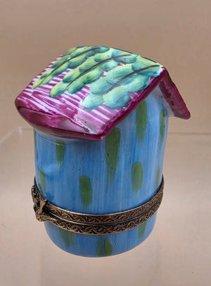 LIMOGES FRANCE Peint A La Main Signed A.C. Porcelain Bird on a Bird House Trinket Box
