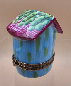 LIMOGES FRANCE Peint A La Main Signed A.C. Porcelain Bird on a Bird House Trinket Box