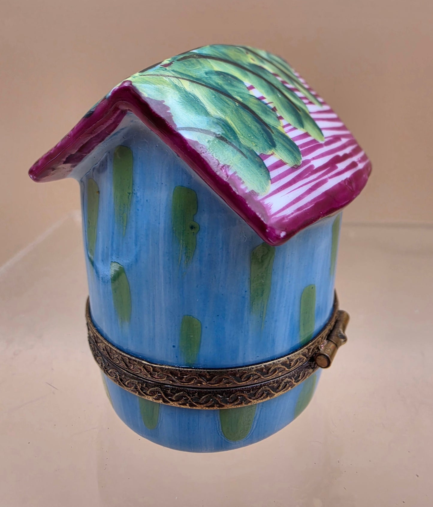 LIMOGES FRANCE Peint A La Main Signed A.C. Porcelain Bird on a Bird House Trinket Box