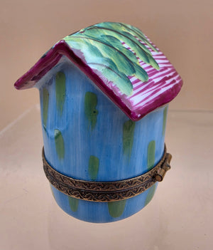 LIMOGES FRANCE Peint A La Main Signed A.C. Porcelain Bird on a Bird House Trinket Box