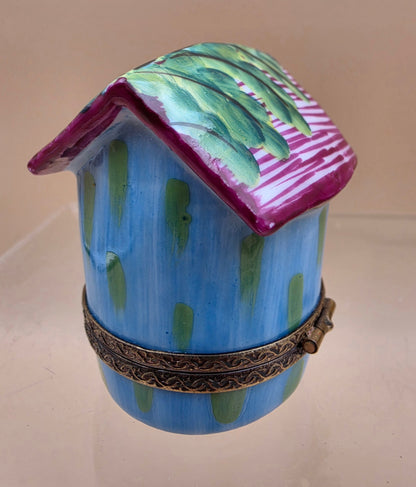 LIMOGES FRANCE Peint A La Main Signed A.C. Porcelain Bird on a Bird House Trinket Box
