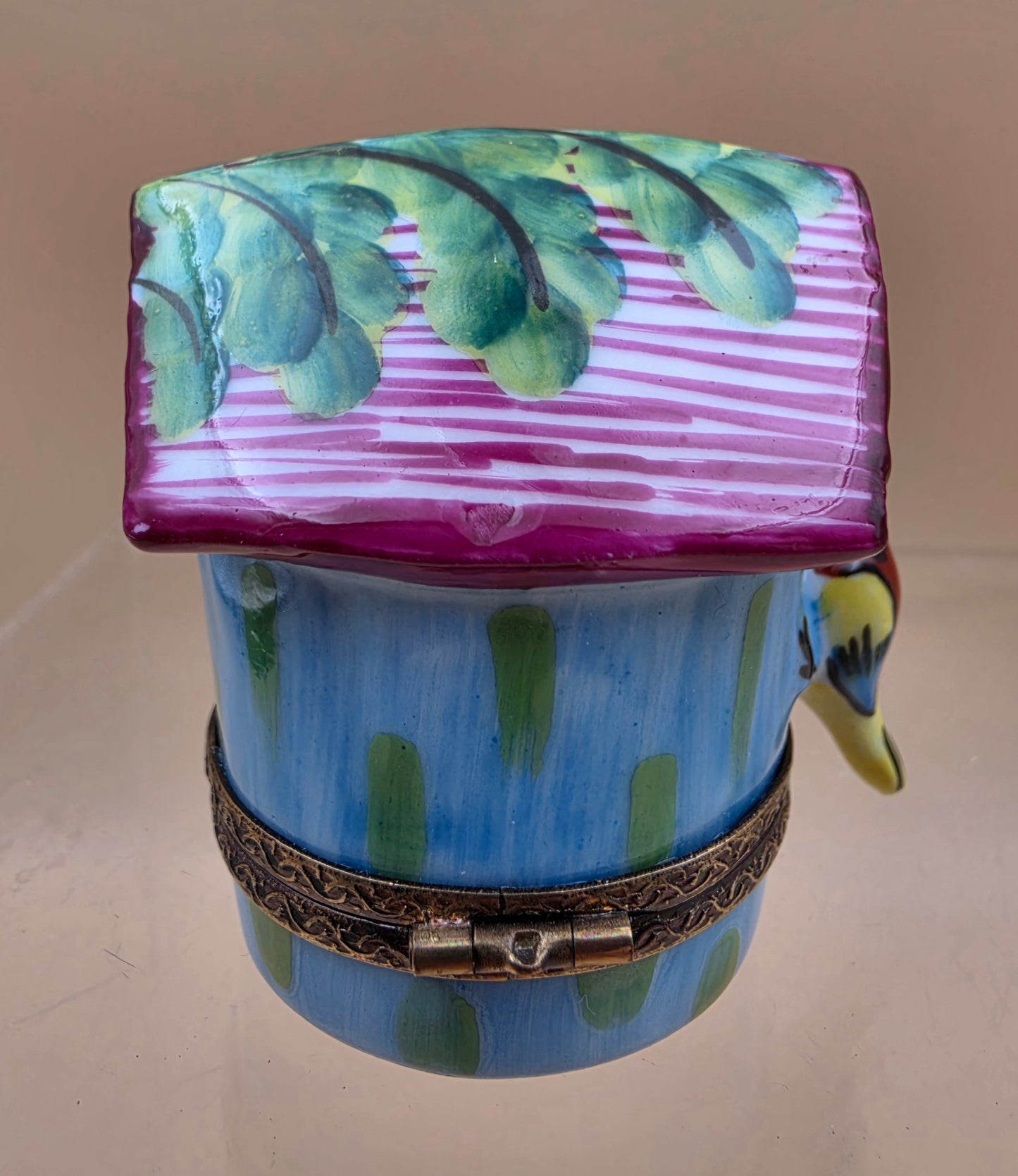 LIMOGES FRANCE Peint A La Main Signed A.C. Porcelain Bird on a Bird House Trinket Box