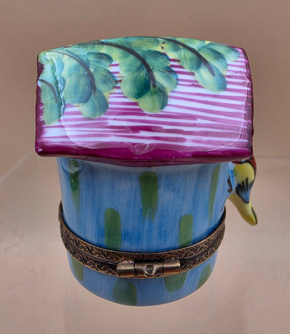 LIMOGES FRANCE Peint A La Main Signed A.C. Porcelain Bird on a Bird House Trinket Box