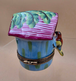 LIMOGES FRANCE Peint A La Main Signed A.C. Porcelain Bird on a Bird House Trinket Box