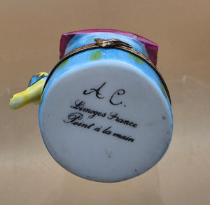 LIMOGES FRANCE Peint A La Main Signed A.C. Porcelain Bird on a Bird House Trinket Box
