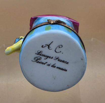 LIMOGES FRANCE Peint A La Main Signed A.C. Porcelain Bird on a Bird House Trinket Box