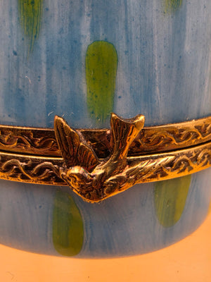 LIMOGES FRANCE Peint A La Main Signed A.C. Porcelain Bird on a Bird House Trinket Box