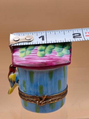 LIMOGES FRANCE Peint A La Main Signed A.C. Porcelain Bird on a Bird House Trinket Box